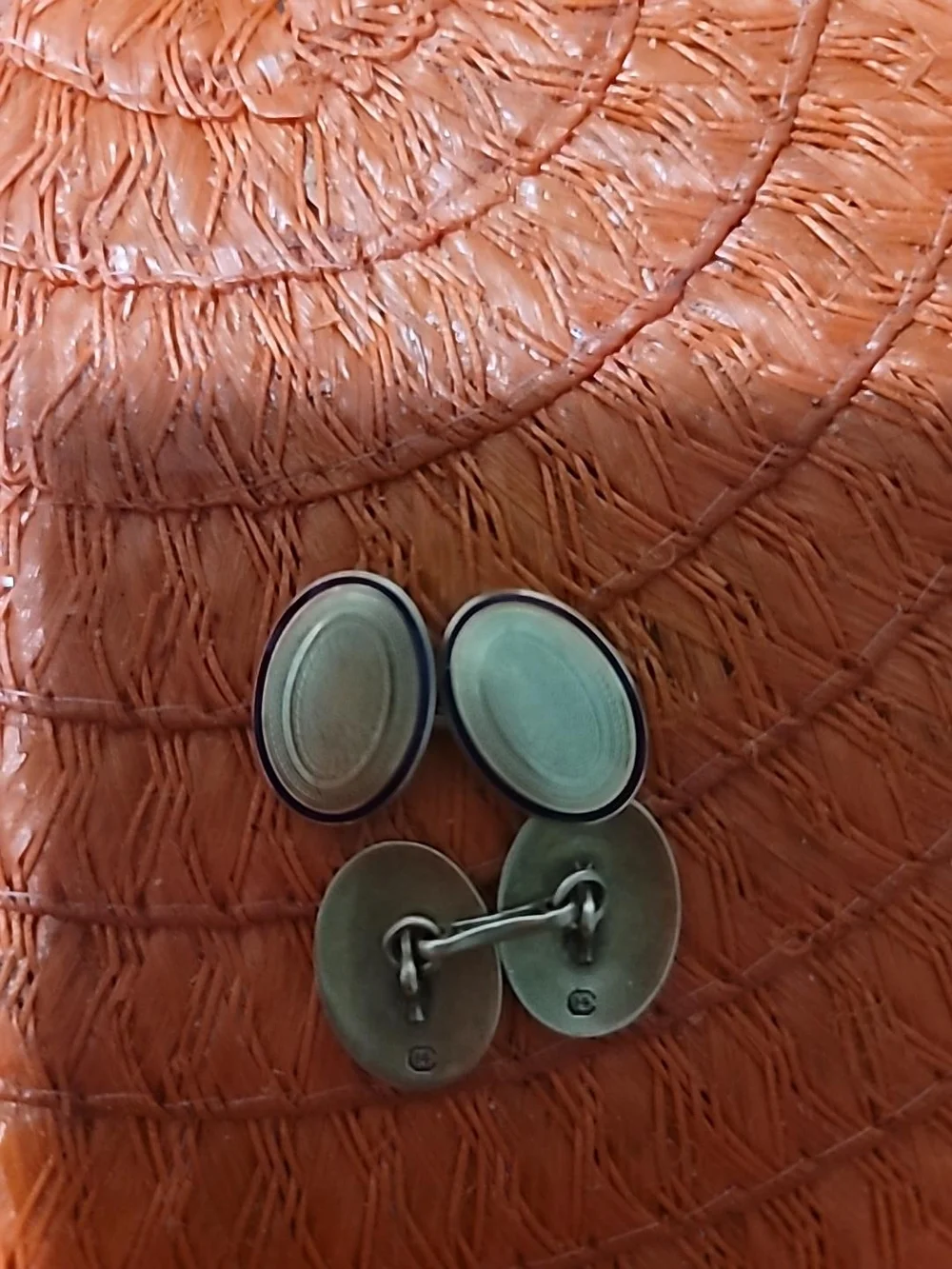 Classic Oval Silver Tone and Blue Enamel Cufflinks